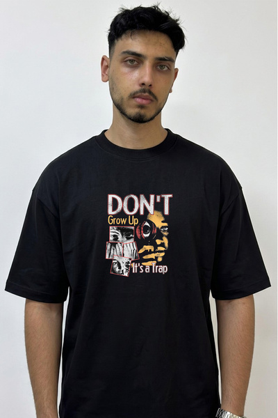 Anetos Grunge Gozler Design Printed Oversize Black T-Shirt