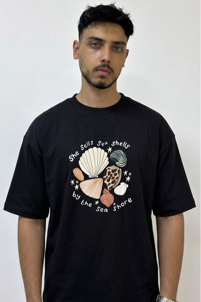Anetos Sea Shells Design Printed Oversize Black T-Shirt