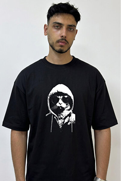 Anetos Cool Cat Design Printed Oversize Black T-Shirt
