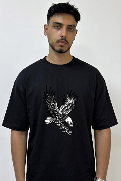 Anetos Swooping Eagle Design Printed Oversize Black T-Shirt