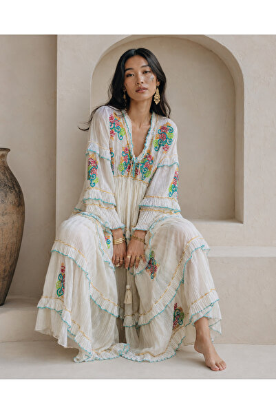 laviyonsa Embroidered Bohemian Long Cotton Viscose Lined Dress Std 36-40