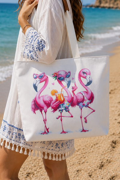 Hanselis Plaj ve Piknik Çantası Flamingo Desenli Fermuar Kapamalı Astarlı Çan...
