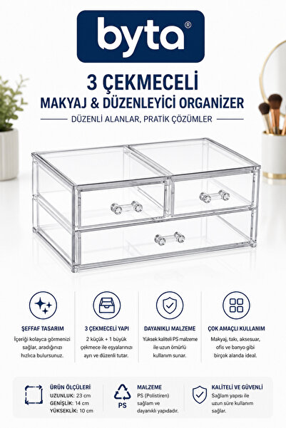 BYTA 3 Çekmeceli Şeffaf Makyaj Organizeri – Kozmetik, Takı ve Aksesuar İçin Ç...