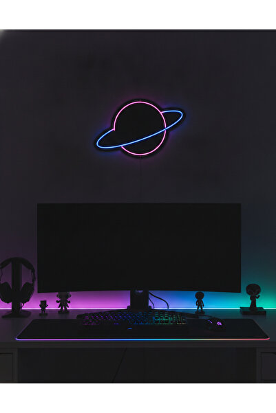 STUDYO YORA Satürn Gezegeni LED Neon Tablo | Siyah Pleksi Zemin | Galaksi ve ...
