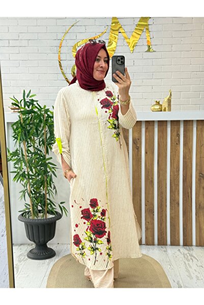 Meryemce Butik GÜL DESENLİ ÖZEL TASARIM TAM BOY KETEN TUNİK (rahat kalıp)