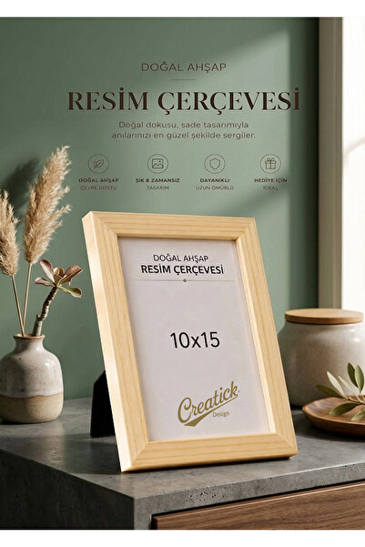 Creatick Design İskandinav 10x15 Ahşap Resim Fotoğraf Çerçevesi - Doğal Çam A...
