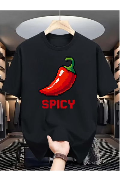 NOURAM Men's Streetwear Food T-Shirt - Bold Chili Pepper & Alphabet Print, Sh...