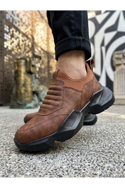 TUGERDİ Tan Laceless Comfortable High Sole Style Men's Sports Shoes Tge230552