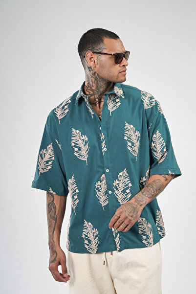 Butik Trend Biz Oversize Tropikal Yaprak Nakışlı Kısa Kollu Gömlek