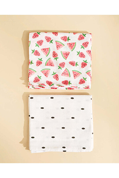 REDTAG Baby Pink And White Muslin Swaddle Blanket 2 Piece Set