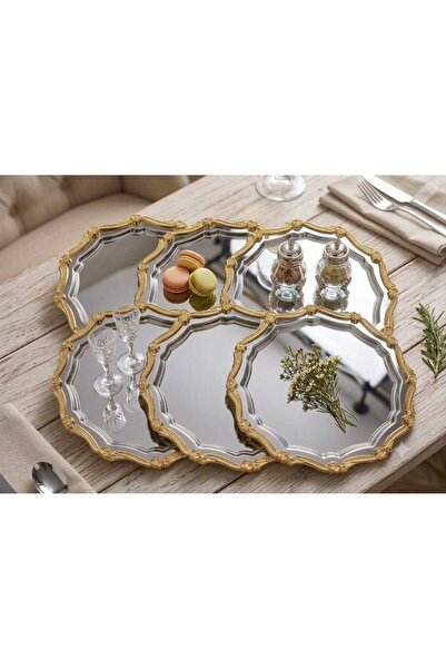 MAHUR HOME ÇELİK YUVARLAK DALGALI 6'LI GOLD ÇERÇEVELİ KAHVE SUNUM TEPSİSİ