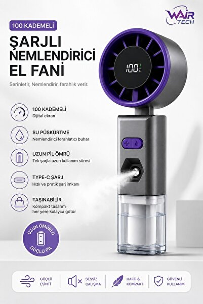 Wair Teknoloji 100 Kademeli Şarjlı El Fanı Su Püskürtmeli Nemlendirmeli Dijit...