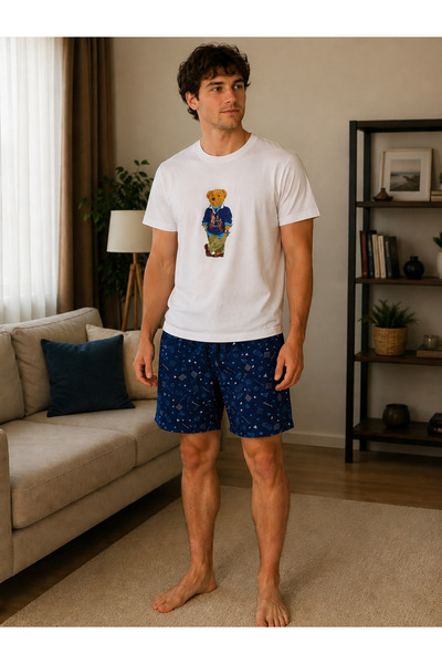 BALİS PİJAMA Men's Cotton Patterned Buttoned Pajama Set Short Sleeve Shorts S...