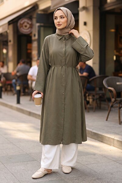 Generic Brand Women's Khaki Shirt Collar Full Buttoned Front Ruffle Detail Su...