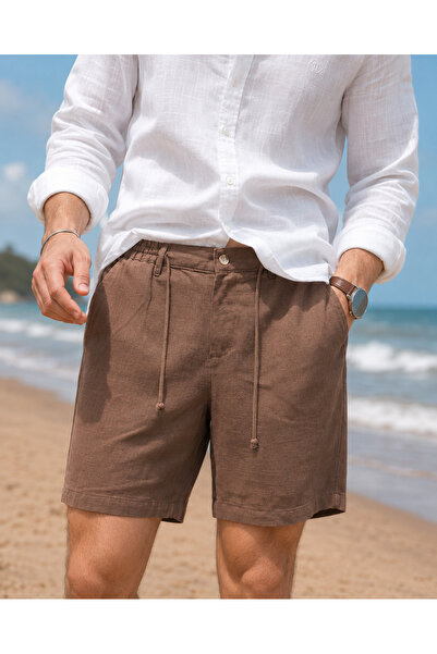 ixir Men's 100% Cotton Linen Textured Lace-Up Elastic Waist Summer Shorts Brown