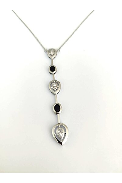 Umrece Silver Y Necklace with Heart Black Stone