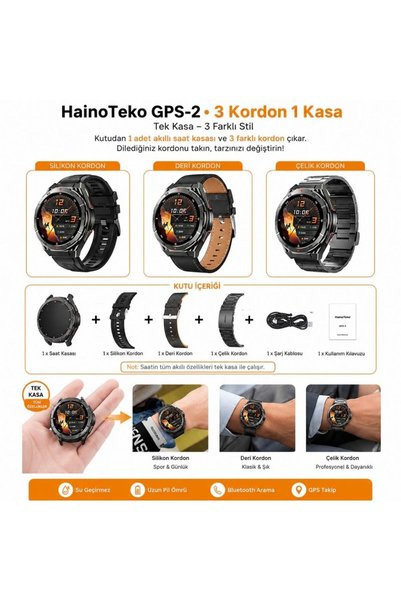haino teko germany HainoTeko GPS-2 Akıllı Saat GPS Özellikli AMOLED Ekran 3 ATM Su Geçirmez 3 Kordonlu Bluetooth Aramalı Siyah