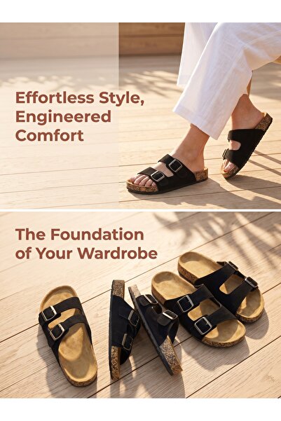 Dhiaa Walk Women's Comfortable Double Buckle Suede Slides - Ergonomic Cork So...
