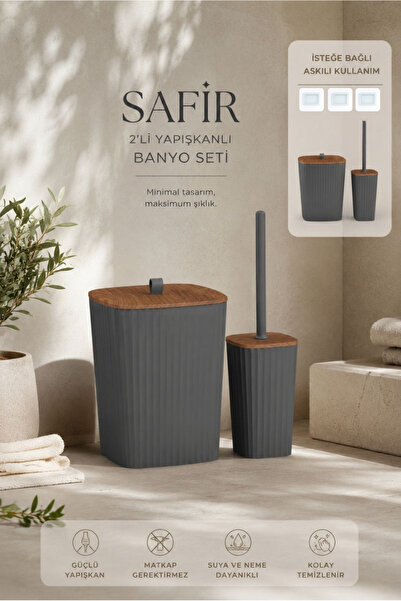 Store HGY Home Safir Yapışkanlı Wc Fırçalık ve Çöp Kovası 2'li Banyo Seti - A...
