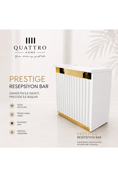 QUATTRO HOME Prestige Beyaz Gold Resepsiyon Bar - Modern Lamel Karşılama Bankosu