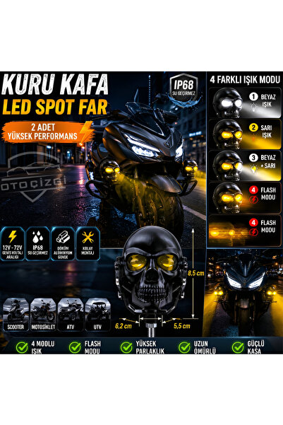Oto Çizgi 2 Adet Siyah Kuru Kafa LED Spot Sis Farı - 4 Işık Modlu, IP68 Motos...