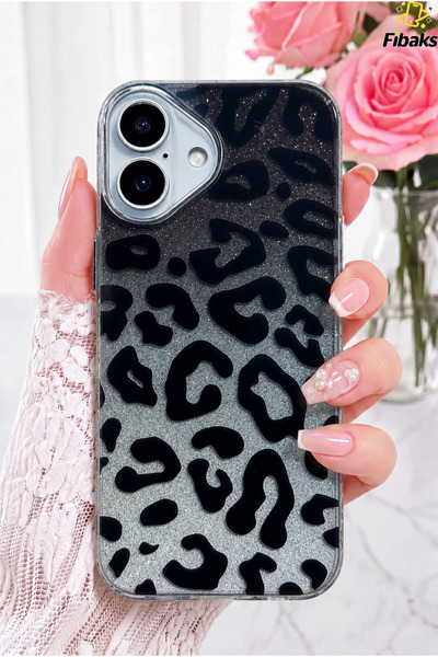 Fibaks Simli Leopar iPhone 17 Kılıf Glitter Leopard Şeffaf Telefon Kılıfı Sim...