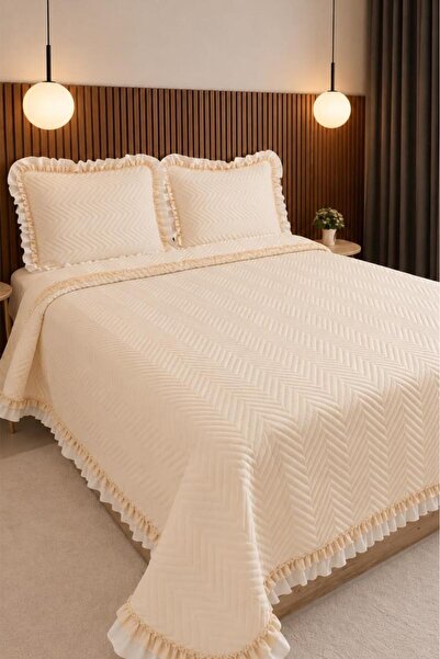 Çeyiz Diyarı Gonca Double-Sided Double Bedspread 230X250 Cream