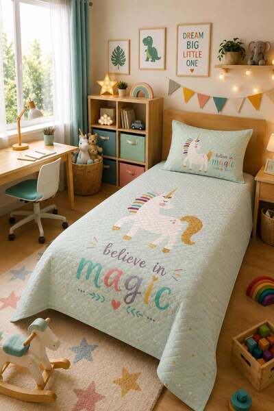 Evdek Bebek ve Çocuk Odası MagicBloom – Unicorn Tek Kişilik Pike Takımı 160X2...