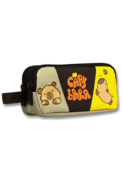 capybara Two-Compartment Printed Brown - Beige Boys' Pencil Bag - 6235