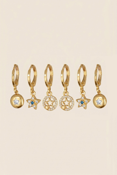 Hetra Gold Color Steel Blue Stone Star Figured Dangle Earrings Set of 6