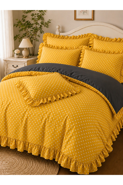 DüşEvi Yellow Polka Dot Ruffled Duvet Cover Set |   Soft Textured |   Double ...