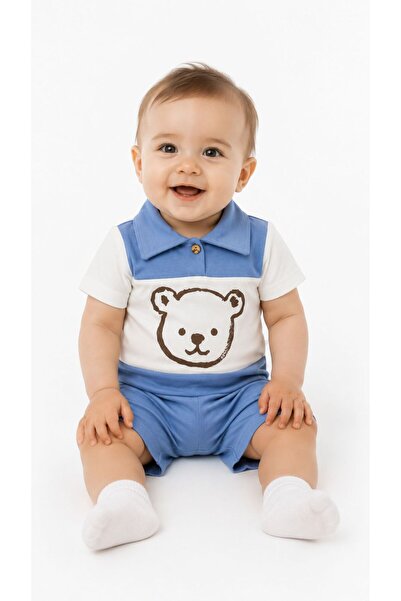 Oz Baby Baby Boy Cotton Polo Collar Teddy Bear Printed Shorts Summer Set 2-Pi...