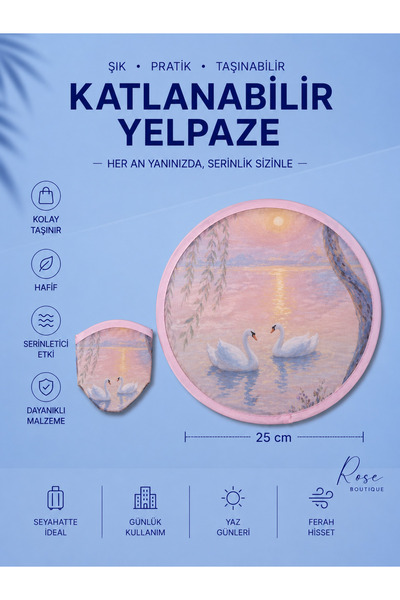 RoseCo00 Katlanabilir Kolay Taşınabilir Yuvarlak Yelpaze 25CM