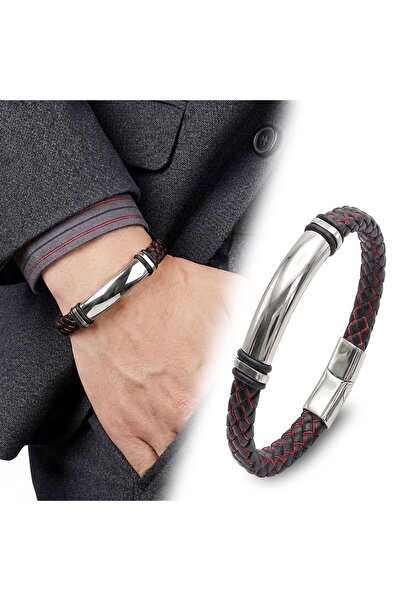 OGHAMAY Name Engravable Red Black Leather and White Titanium Lock Bracelet 18...