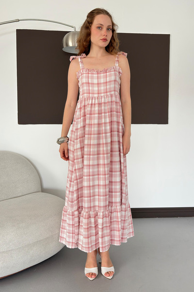 VERYMODA Women's Plaid Patterned Maxi Dress with Strap Tie Detail