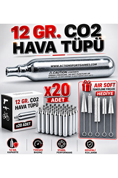 12 GR. CO₂ Hava Tüpü x20 Adet + Air Soft Temizleme Fırçası Hediye
