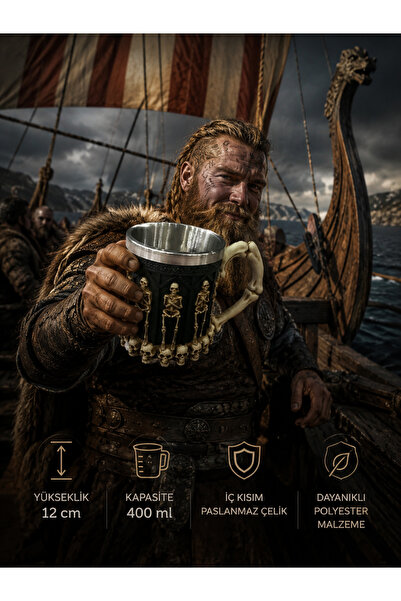 Majestia Viking Kuru Kafa Kupa Bardak 400 ml Paslanmaz Çelik İç Hazneli Gotik...