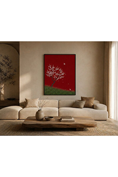 nuvahometr Kırmızı Çiçekli Ağaç Çerçeveli Poster Tablo | Modern Dekoratif Tablo