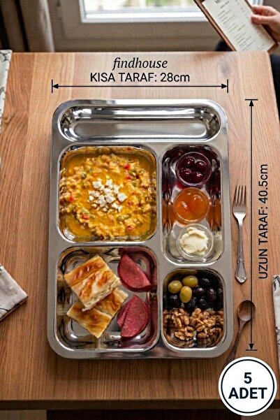 findhouse 430 Paslanmaz Çelik Tabldot 5 Adet 28x40,5x0,6 Okul , Kreş , Yemekh...