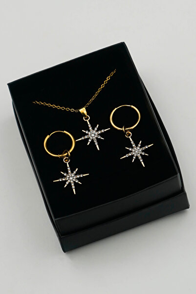 THE Steel Women's Gold Color Zircon Stone Pole Star Necklace and Earring Set