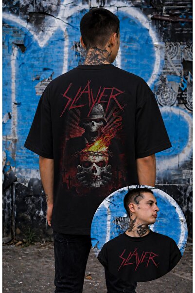 Fuddy Moda Tricou unisex cu imprimeu pe spate Slayer Skull, cu decolteu rotun...