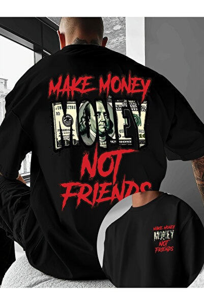 1001 Line تي شيرت مطبوع عليه الشعار "MAKE MONEY NOT FRIENDS" يتميز بتصميم أما...