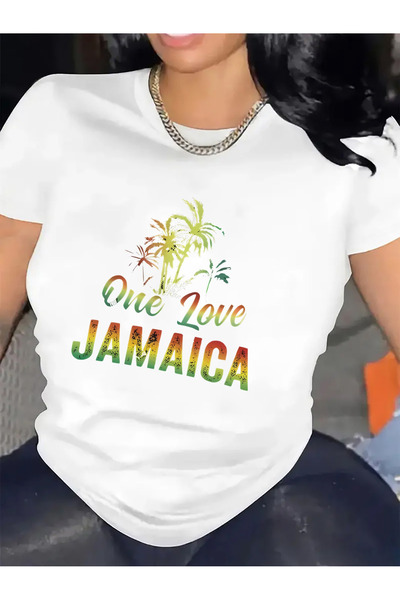 LİNA06 قميص قطني بأكمام قصيرة بتصميم "One Love Jamaica" للارتداء اليومي، مثال...