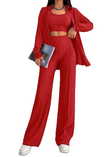 StreetWear Outlet Set de damă, 3 piese, Pantaloni, Maiou și Bluză, Roșu, L