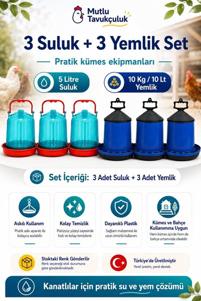 MUTLU TAVUKÇULUK 3 Adet 5 Lt Tavuk Suluğu 3 Adet 10 Kg 10 Lt Askılı Yemlik Ka...