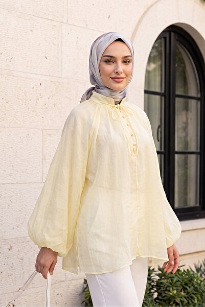 Modamorfo Yakası Bağlamalı Yarım Düğmeli Astarlı Oversize Tül Vual Bluz -açık...