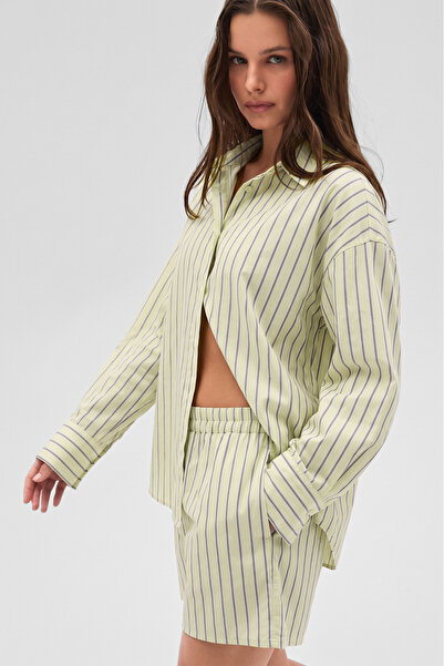 GRIMELANGE Liya women's oversize 100% cotton shorts and shirt yellow striped ...