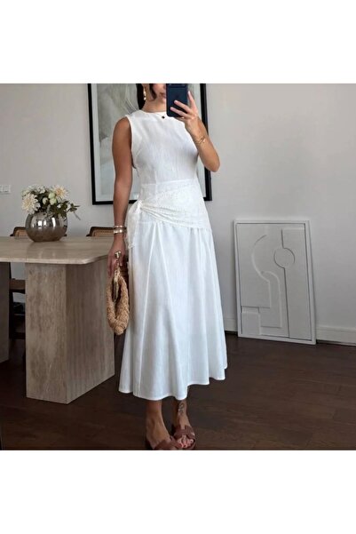 Butik Fisto Şal Bağlamalı Keten Elbise