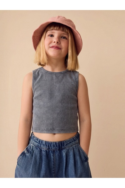Tinymuyt Kız Çocuk Yıkamalı Batik Desen Penye Crop Gri