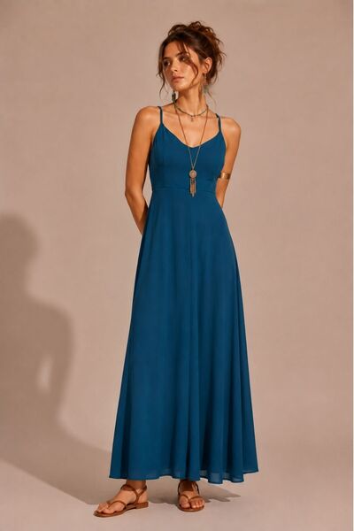 Clandestino Back Detailed Solid Color Stylish Bohemian Dress Navy Blue